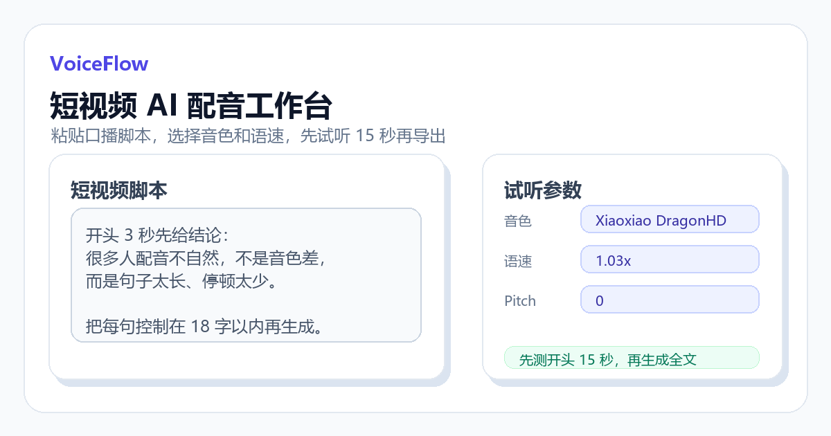 VoiceIndex AI 短视频 AI 配音工作台界面截图，展示脚本输入、音色、语速和试听参数